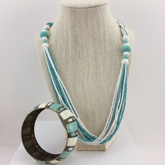 Blue and White Multi Strand Beaded Necklace with Metal Striped Bangle Bracelet - Picture 1 of 12